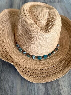 Cowboy Hat with Turquoise Bead Trim - Women's Sun Hat